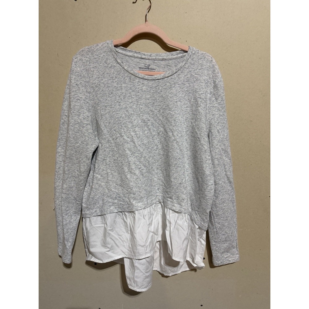 Vineyard Vines Heather Gray Mixed Media White Ruffle Poplin Hem Sweatshirt L